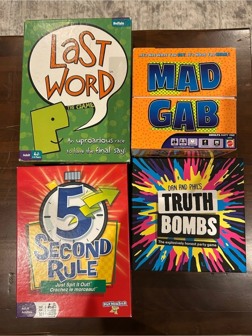 4 Fun Adult Party Games like new mad gab, last word, truth
Bombs, 5 second rule